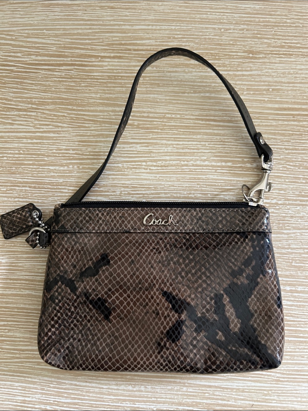 Coach Brown Snakeskin-Print Wristlet with Black Accents